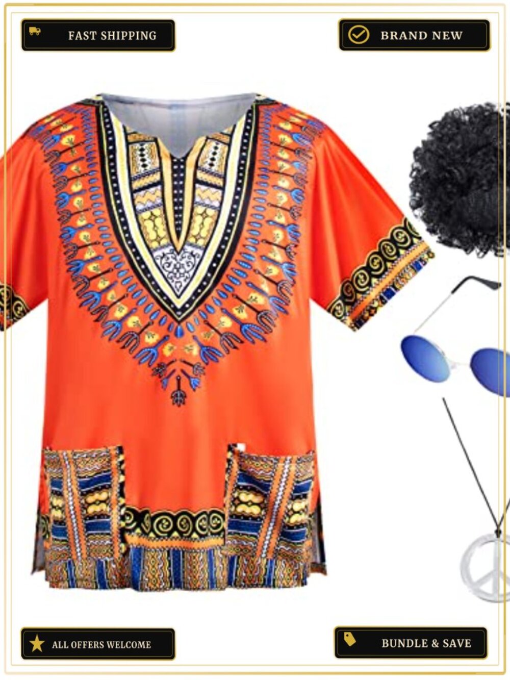4 PCS Men's Hippie Costume Set T-Shirt Afro Wig Necklace Sunglasses